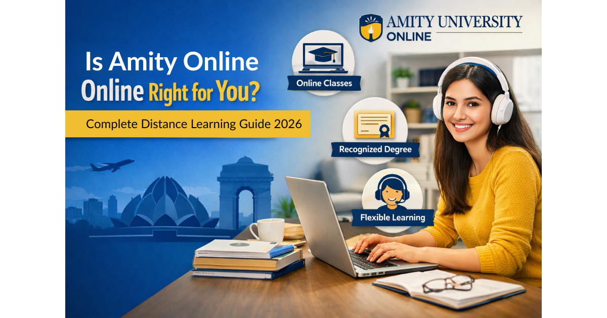Student using a laptop for Amity Online classes with headphones, highlighting flexible learning, recognized degree, courses, and distance education guide for 2026.