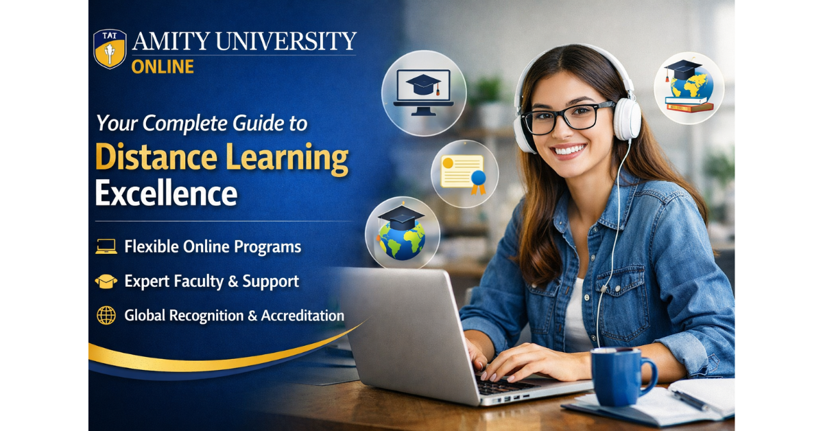 Student studying online with Amity University Online distance learning program banner highlighting flexible courses, expert faculty support, and global accreditation.