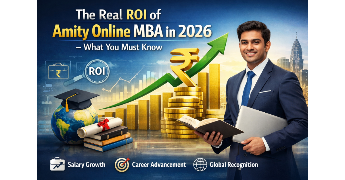 A young professional in a business suit holding a laptop and book, standing beside graphics showing rising ROI, coins, growth arrow, graduation cap, and global elements, representing the career, salar