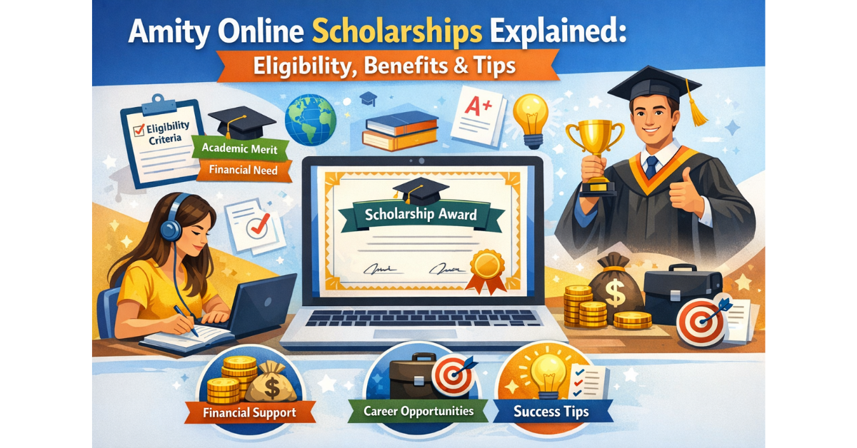 Illustration explaining Amity Online scholarships including eligibility criteria, benefits, financial support, and student success tips.