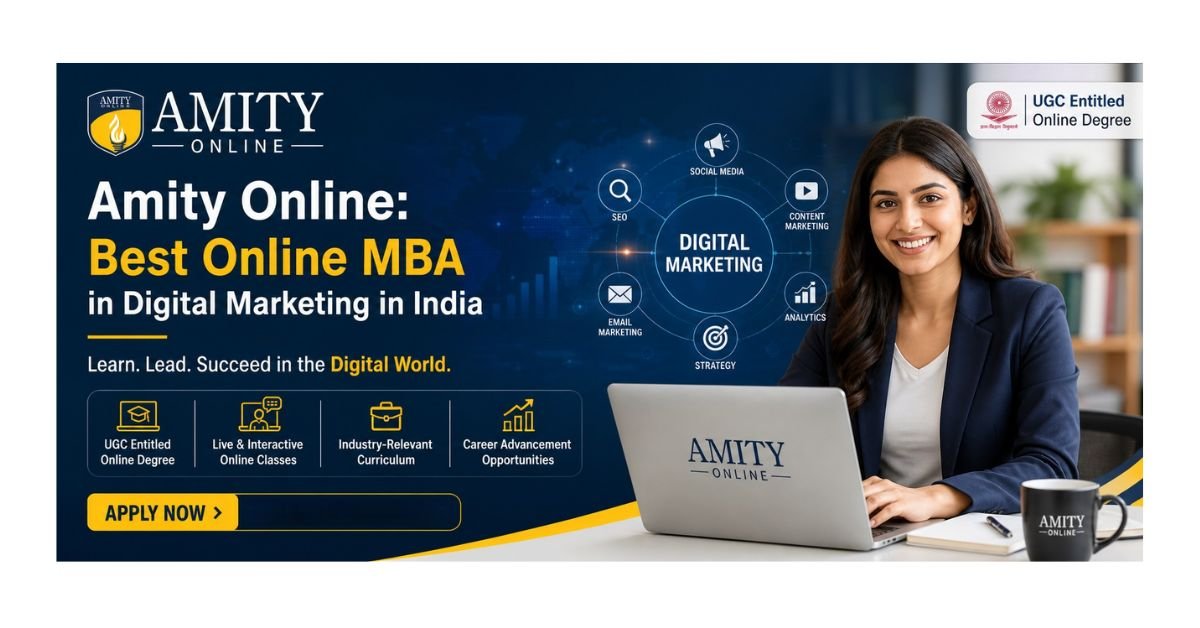 Amity Online MBA in Digital Marketing India banner showing a professional woman using a laptop, highlighting SEO, social media, analytics, content marketing, and career advancement opportunities.